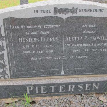 PIETERSEN Hendrik Petrus 1874-1956 &amp; Aletta Petronella VAN DER MERWE 1879-1959