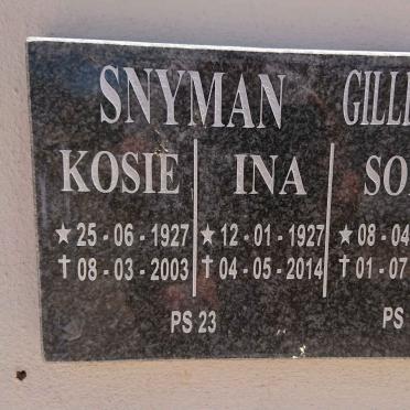 SNYMAN Kosie 1927-2003 &amp; Ina 1927-2014 :: GILLILAND Sors 1929-2009