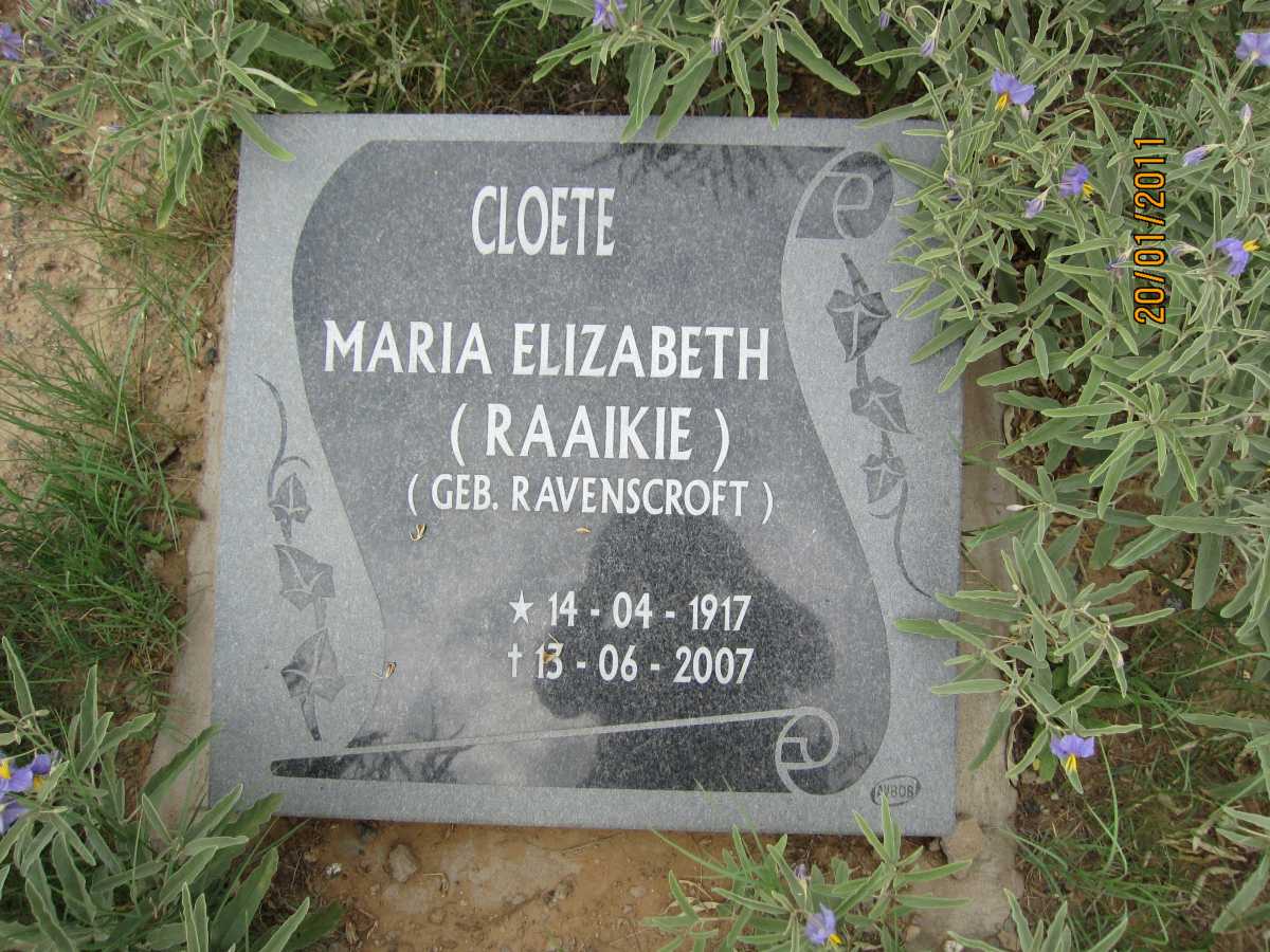 CLOETE Maria Elizabeth nee RAVENSCROFT 1917-2001