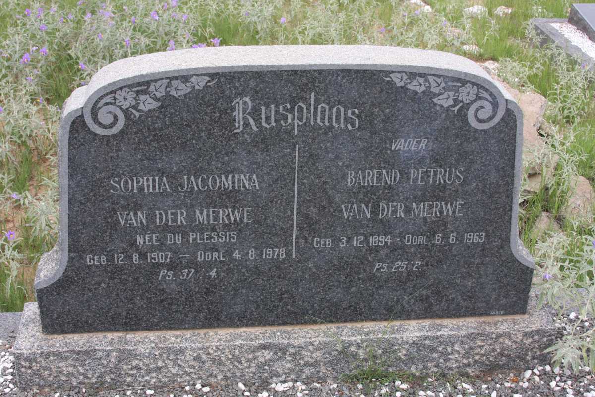 MERWE Barend Petrus, van der 1894-1963 &amp; Sophia Jacomina DU PLESSIS 1907-1978