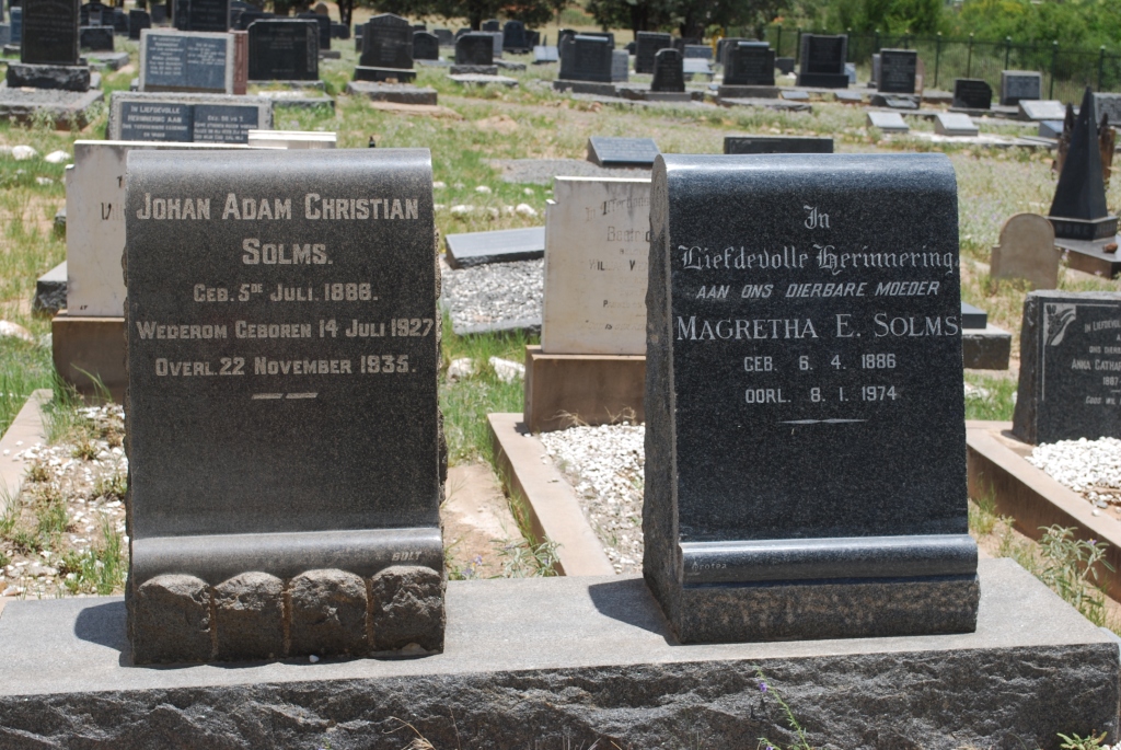 SOLMS Johan Adam Christian 1886-1935 &amp; Magretha E. 1886-1974