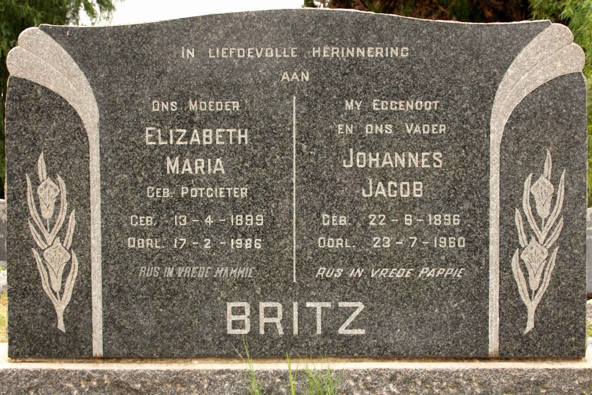 BRITZ Johannes Jacob 1896-1960 &amp; Elizabeth Maria POTGIETER 1899-1986