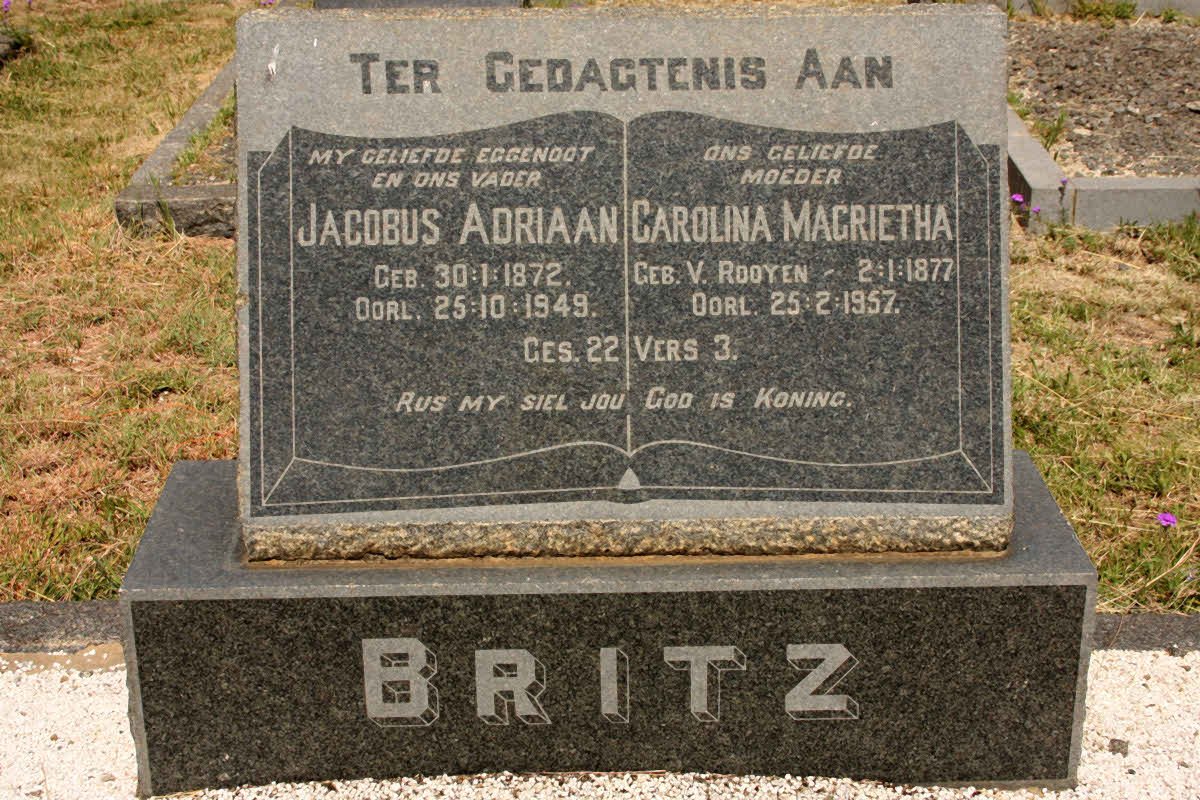 BRITZ Jacobus Adriaan 1872-1949 &amp; Carolina Magrietha VAN ROOYEN 1877-1957
