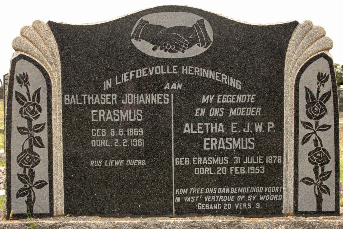 ERASMUS Balthaser Johannes 1869-1961 &amp; Aletha E.J.W.P. ERASMUS 1878-1953