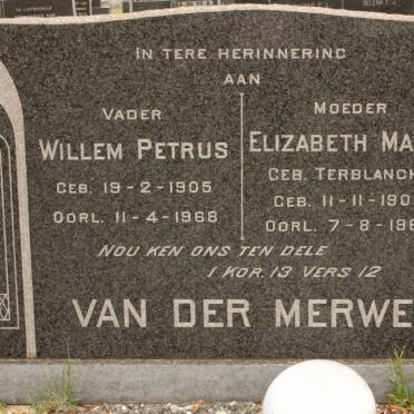 MERWE Willem Petrus, van der 1905-1968 &amp; Elizabeth Maria TERBLANCHE 1908-1969