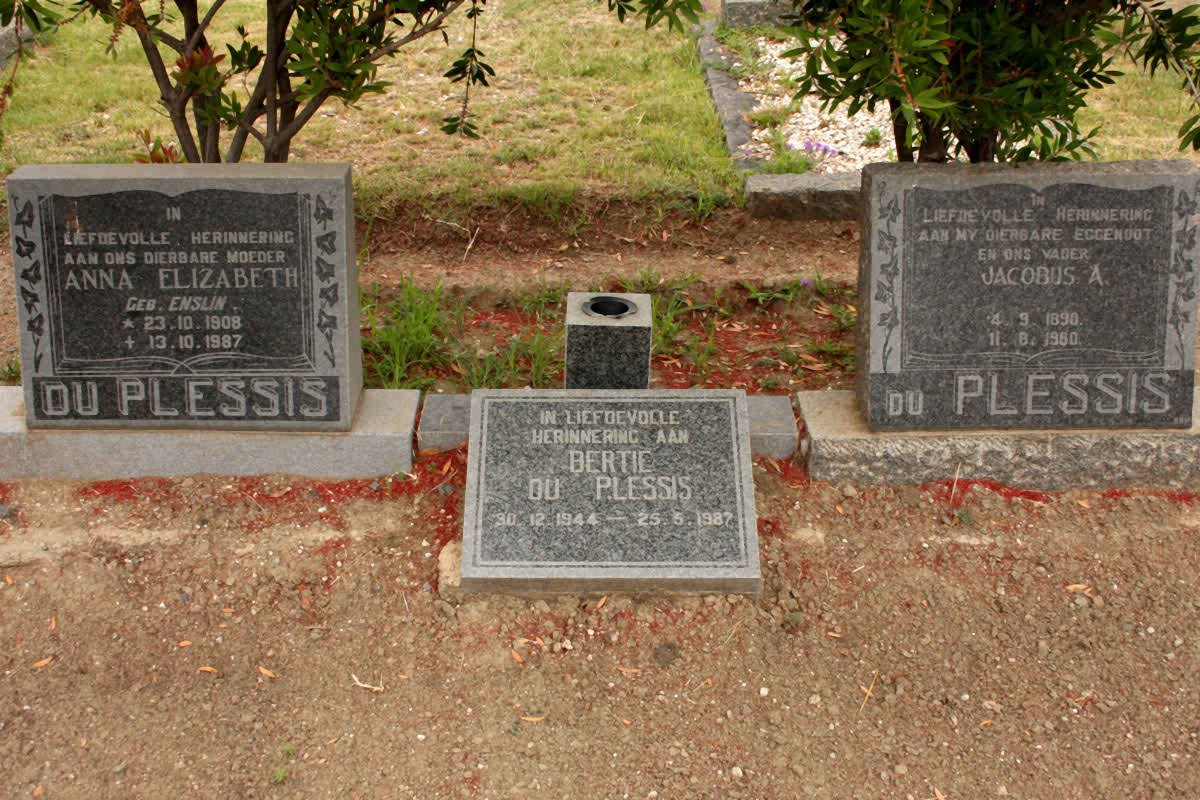 PLESSIS Jacobus A., du 1890-1960 &amp; Anna Elizabeth ENSLIN 1908-1987 :: DU PLESSIS Bertie 1944-1987