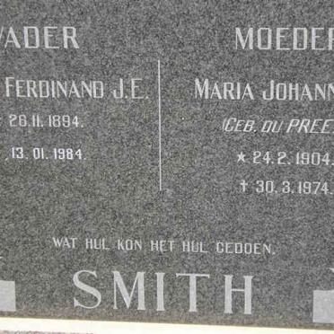 SMITH Hendrik Ferdinand J.E. 1894-1984 &amp; Maria Johanna E. DU PREEZ 1904-1974