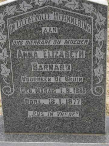 BARNARD Anna Elizabeth formerly DE BRUIN nee MARAIS 1881-1977