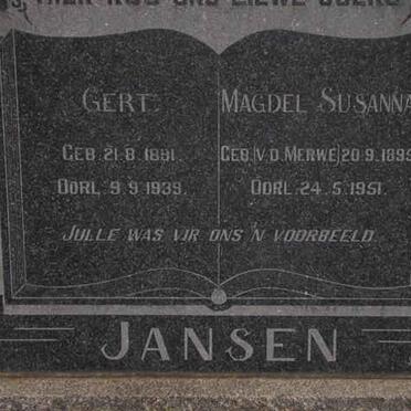 JANSEN Gert 1891-1939 &amp; Magdel Susanna V.D. MERWE 1895-1951
