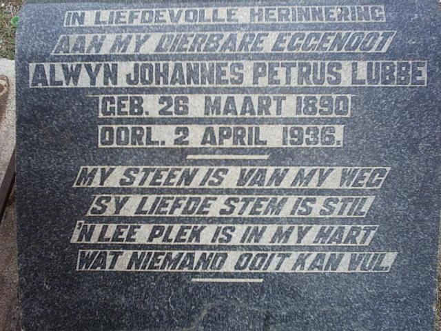 LUBBE Alwyn Johannes Petrus 1890-1936