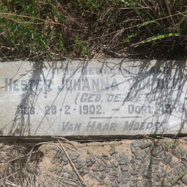 WALT Hester Johanna, van der nee DE WET 1902-1925