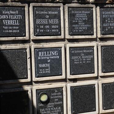 VERRELL Dawn Felicity 1959-2019 :: MEEK Bessie 1928-2013 :: GOUWS Desmond Frederick 1956- &amp; Maria Catharina 1956-