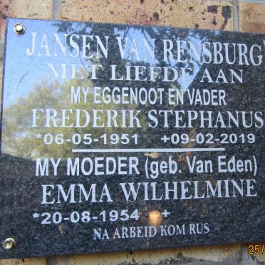 RENSBURG Frederik Stephanus, Jansen van 1951-2019 &amp; Emma Wilhelmine VAN EDEN 1954-