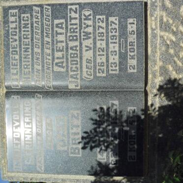 BRITZ Jan 1869-1957 &amp; Aletta Jacoba V. WYK 1872-1937