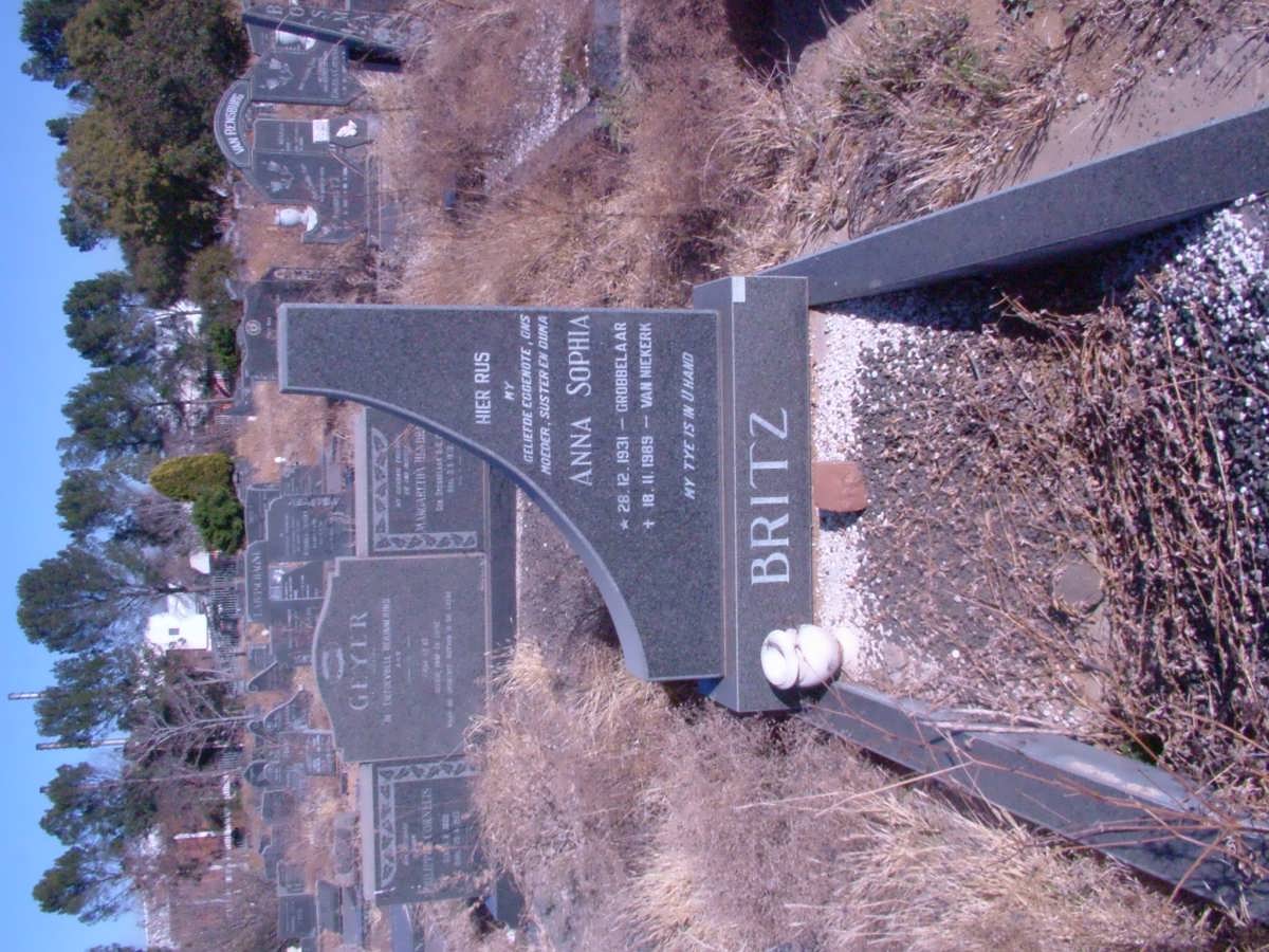 BRITZ Anna Sophia voorheen VAN NIEKERK nee GROBBELAAR 1931-1989