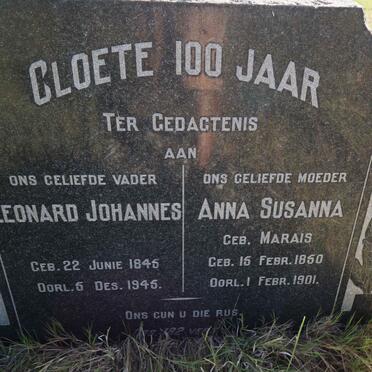CLOETE Leonard Johannes 1845-1945 &amp; Anna Susanna MARAIS 1850-1901