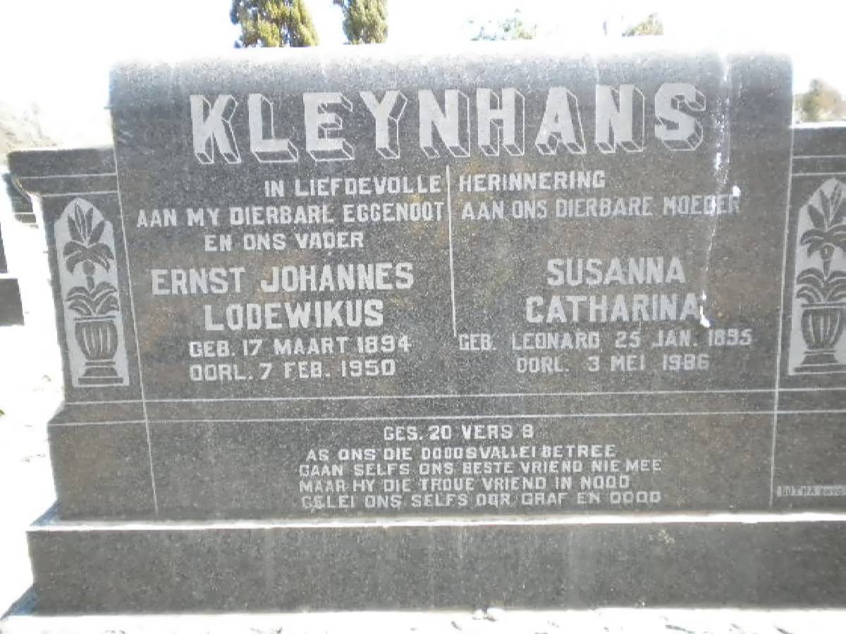 KLEYNHANS Ernst Johannes Lodewikus 1894-1950 &amp; Susanna Catharina LEONARD 1895-1986