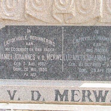 MERWE Daniël Johannes, v.d. 1887-1950 &amp; Elizabeth Johanna V. NIEKERK 1889-1982