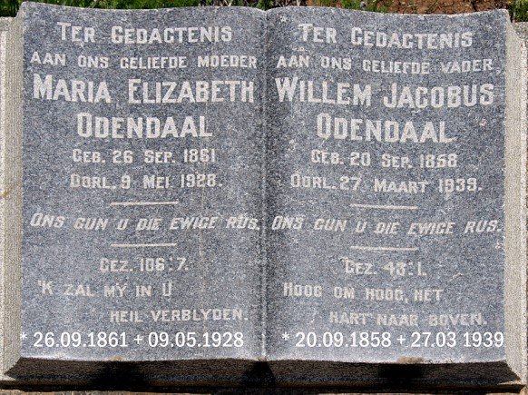 ODENDAAL Willem Jacobus 1858-1939 &amp; Maria Elizabeth 1861-1928