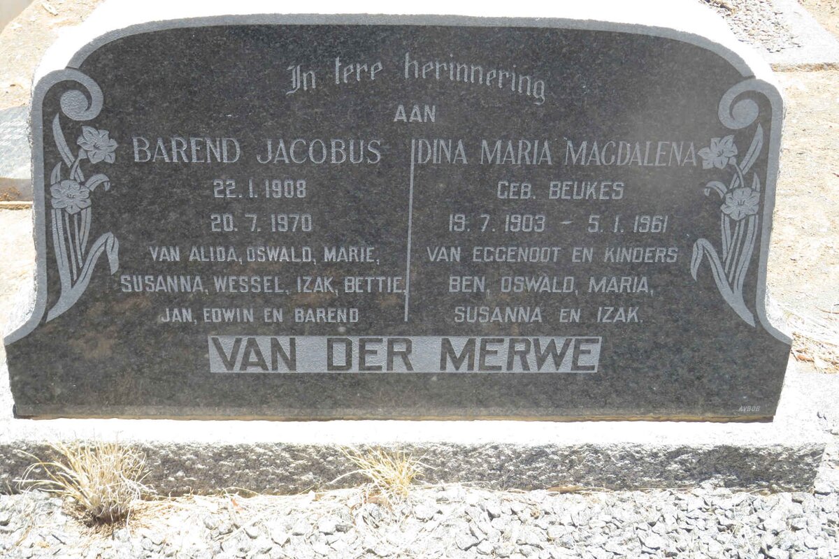 MERWE Barend Jacobus, van der 1908-1970 &amp; Dina Maria Magdalena BEUKES 1903-1961