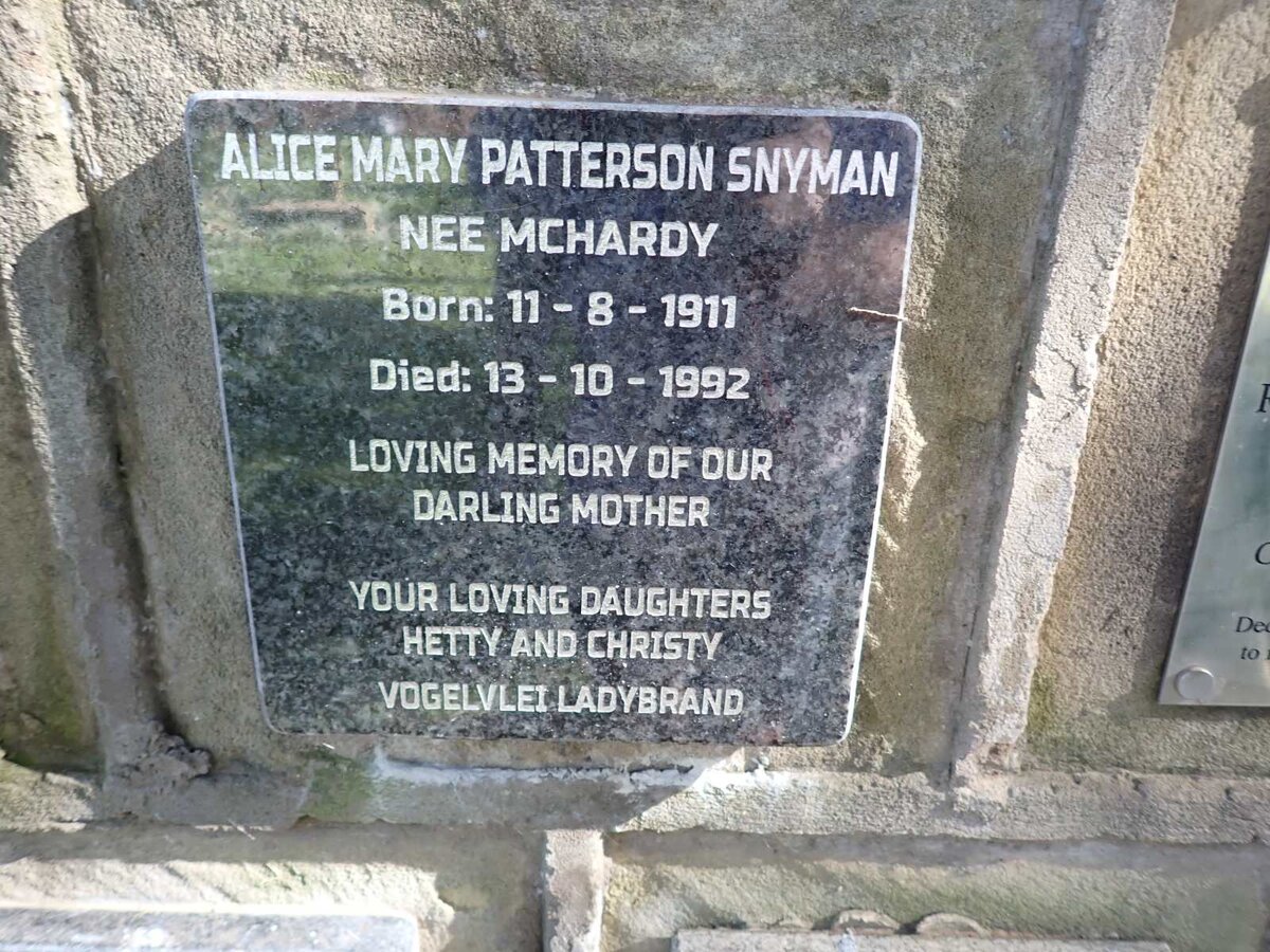 SNYMAN Alice Mary Patterson nee MCHARDY 1911-1992