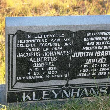 KLEYNHANS Jacobus Johannes Albertus 1932-1999 & Judith Isabella KOTZE 1927-2004