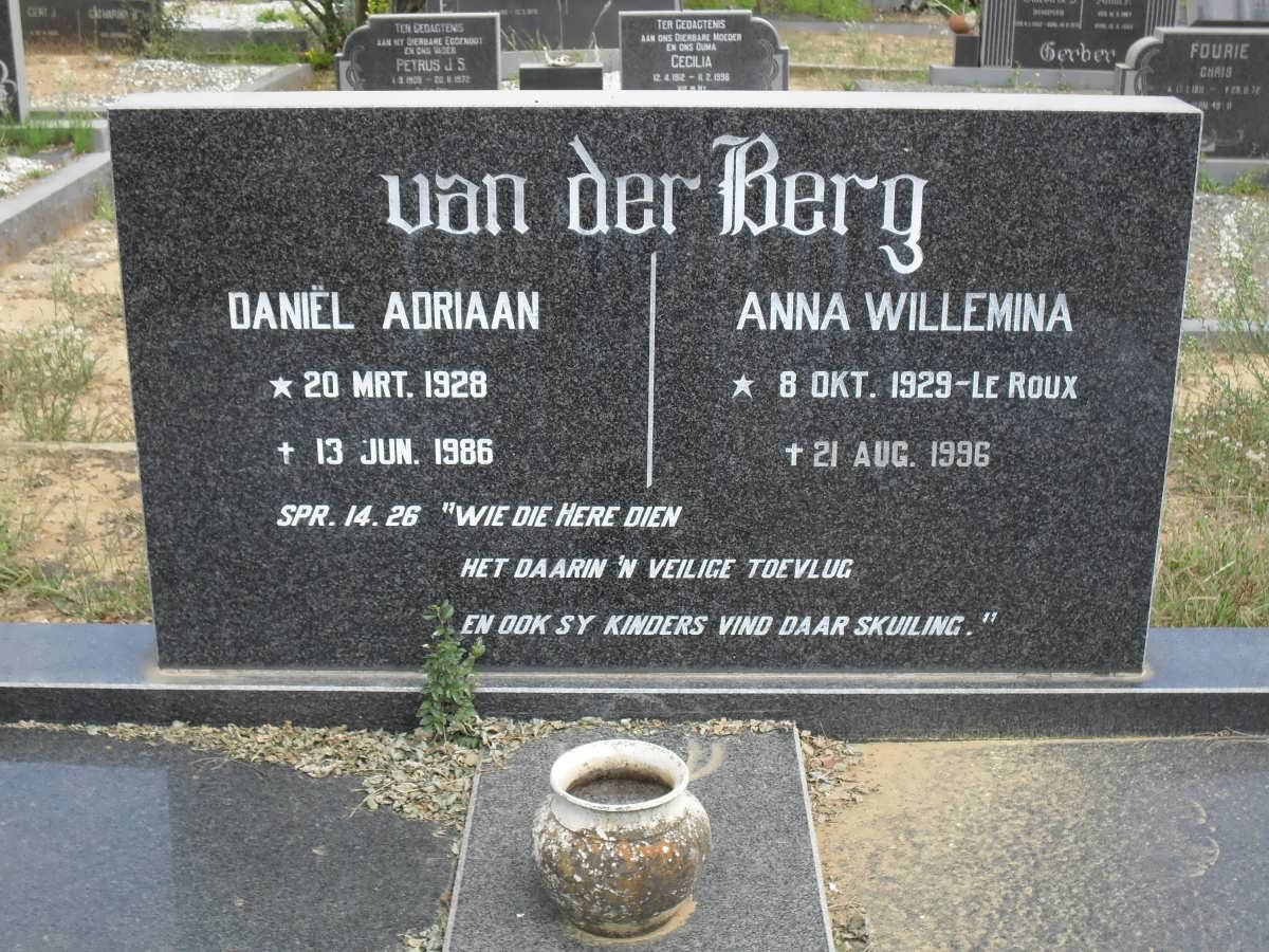 BERG Daniël Adriaan, van der 1928-1986 &amp; Anna Willemina LE ROUX 1929-1996