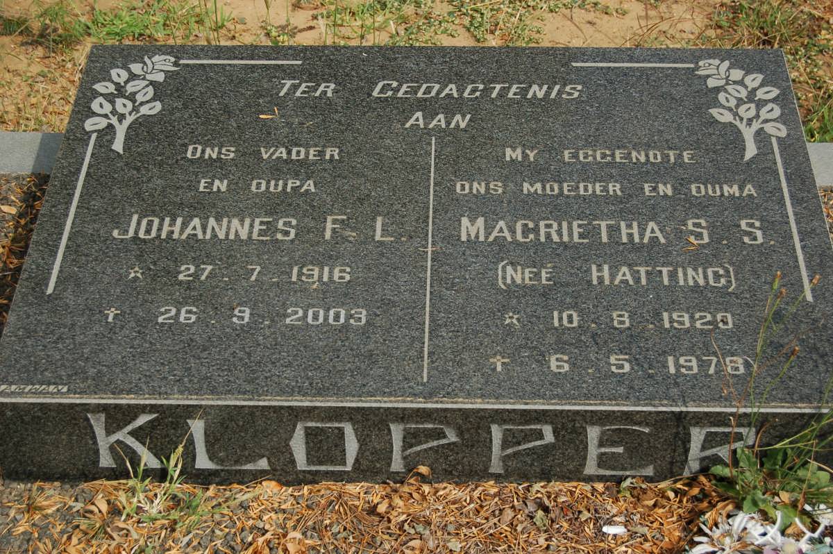 KLOPPER Johannes F.L. 1916-2003 &amp; Magrietha S.S. HATTING 1920-1978