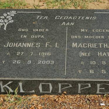 KLOPPER Johannes F.L. 1916-2003 &amp; Magrietha S.S. HATTING 1920-1978