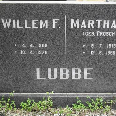 LUBBE Willem F. 1908-1978 &amp; Martha M. PROSCH 1913-1996