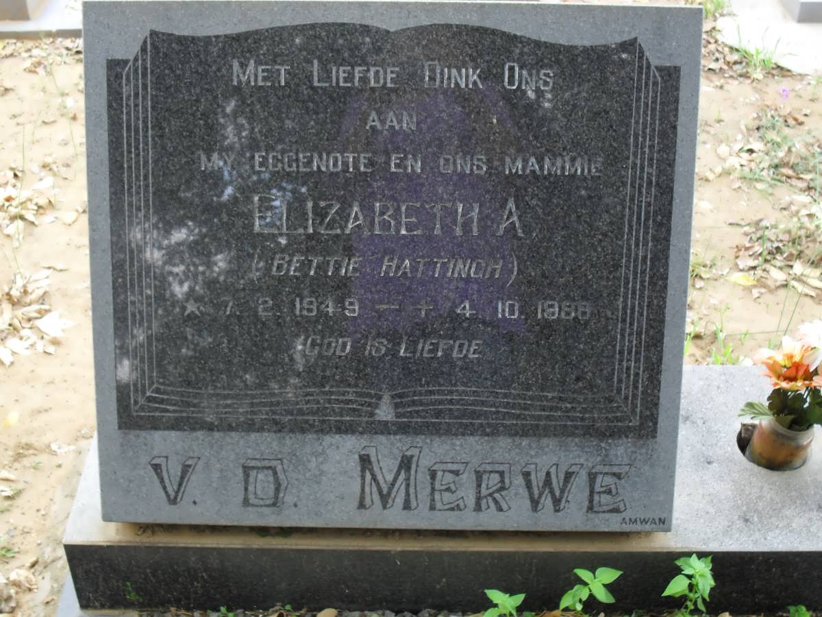 MERWE Elizabeth A., v.d. nee HATTINGH 1949-1988