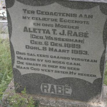 RABE Aletta T.J. nee WASSERMAN 1889-1953