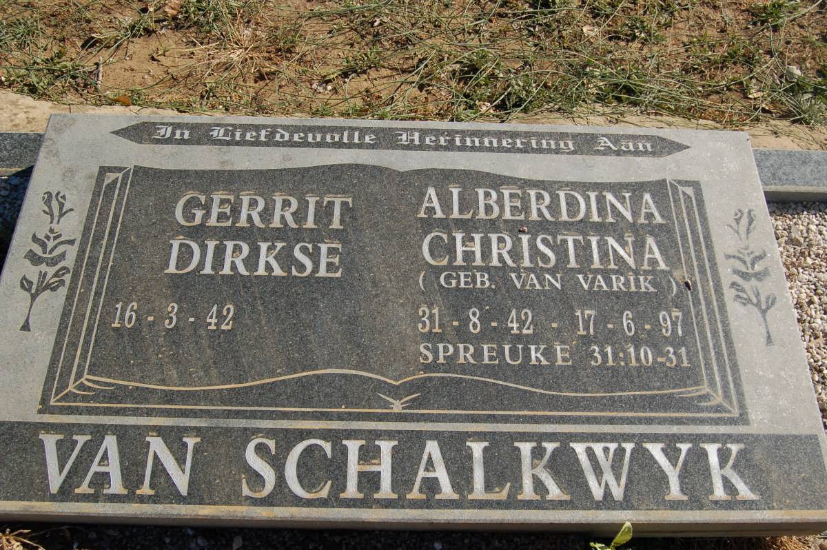 SCHALKWYK Gerrit Dirkse, van 1942- &amp; Alberdina Christina VAN VARIK 1942-1997 