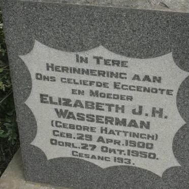 WASSERMAN Elizabeth J.H. nee HATTINGH 1900-1950