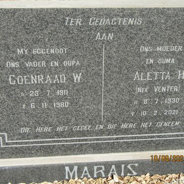 MARAIS Coenraad W. 1911-1980 &amp; Aletta H. VENTER 1930-2021