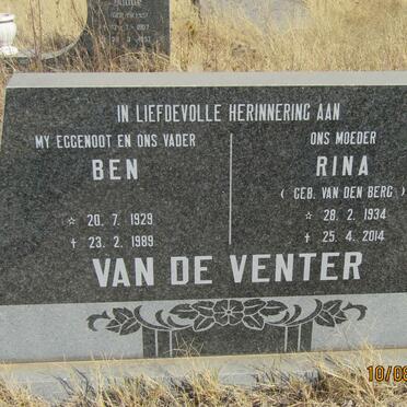 VENTER Ben, van de 1929-1989 &amp; Rina VAN DEN BERG 1934-2014