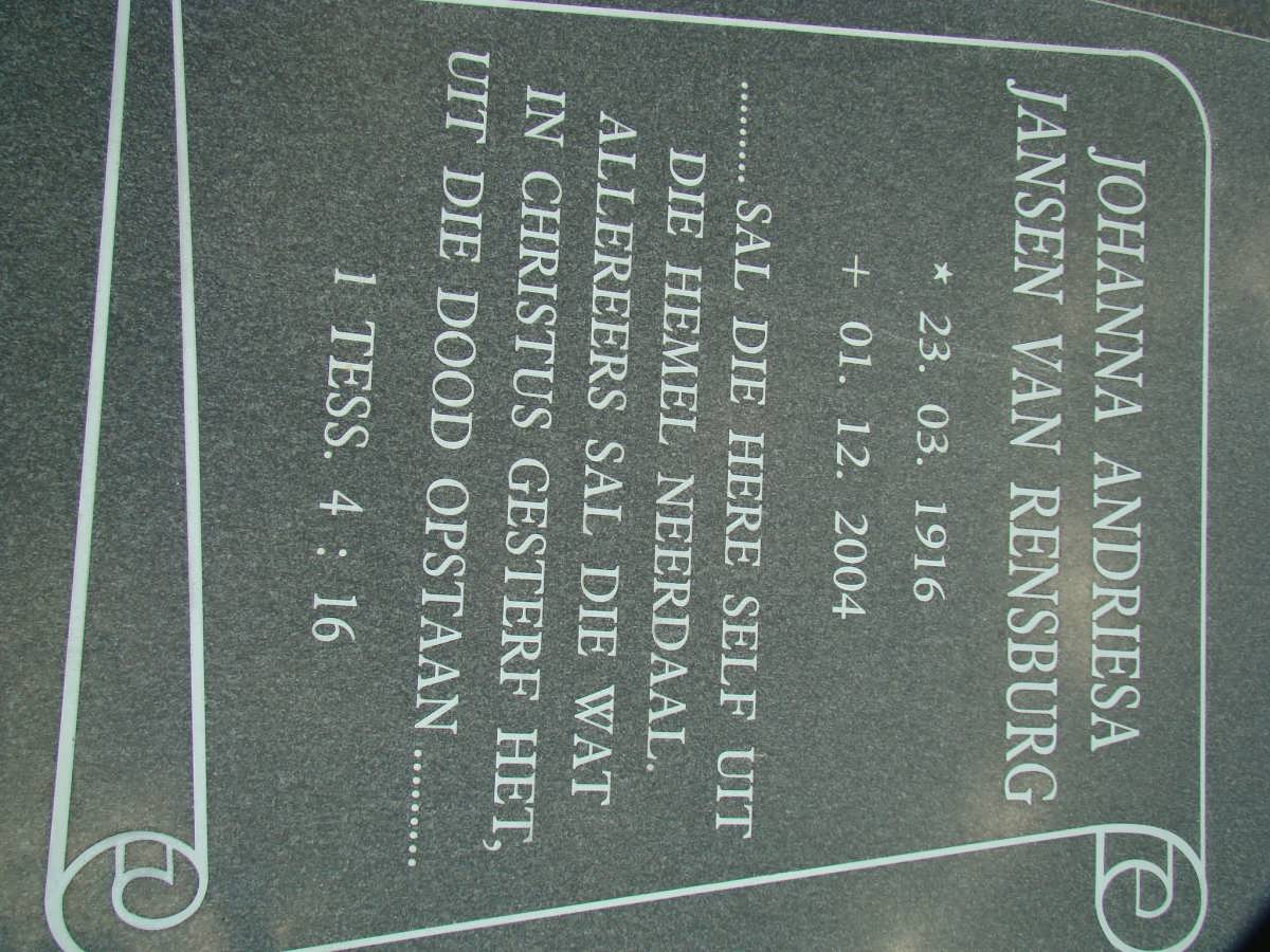 RENSBURG Johanna Andriesa, Jansen van 1916-2004