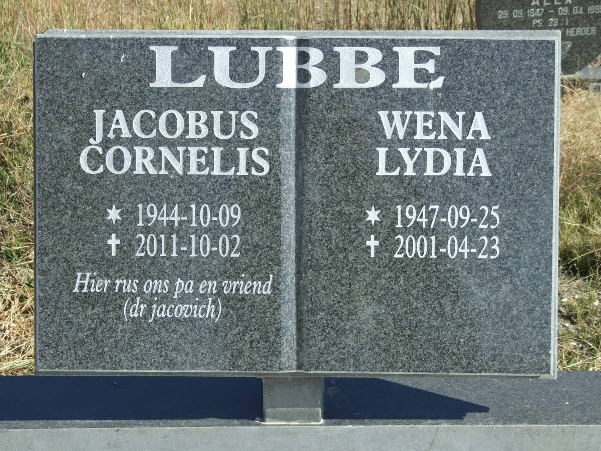 LUBBE Jacobus Cornelis 1944-2011 &amp; Wena Lydia 1947-2001