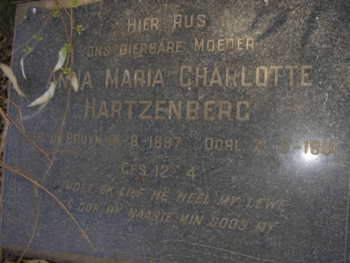 HARTZENBERG Anna Maria Charlotte nee DE BRUYN 1897-1961