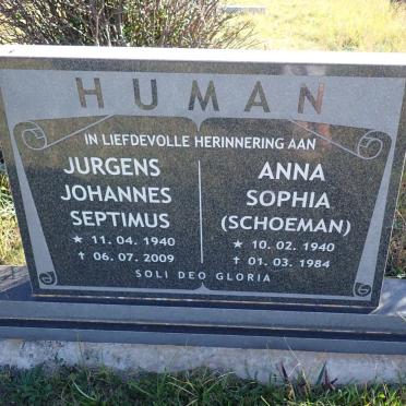 HUMAN Jurgens Johannes Septimus 1940-2009 & Anna Sophia SCHOEMAN 1940-1984