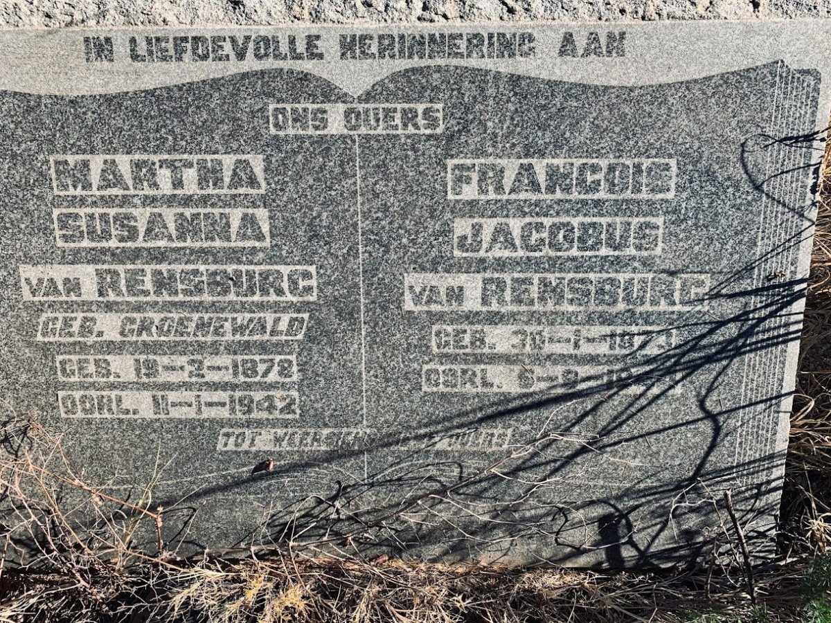 RENSBURG Francois Jacobus, van 1873-1944 &amp; Martha Susanna GROENEWALD 1878-1942