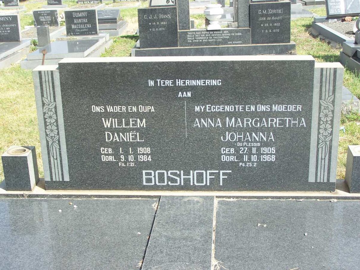 BOSHOFF Willem Daniel 1908-1984 &amp; Anna Margaretha Johanna du PLESSIS 1905-1968