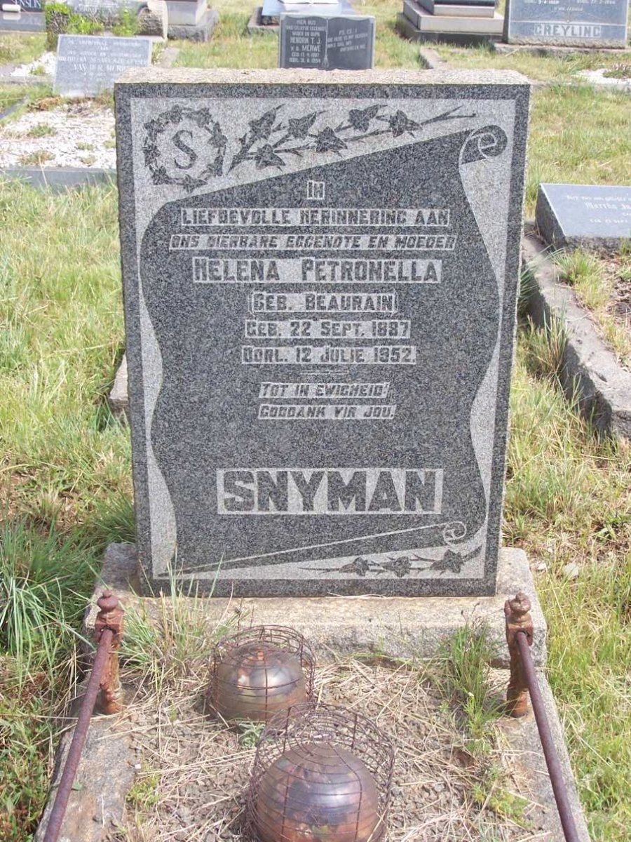 SNYMAN Helena Petronella nee BEAURAIN 1887-1952