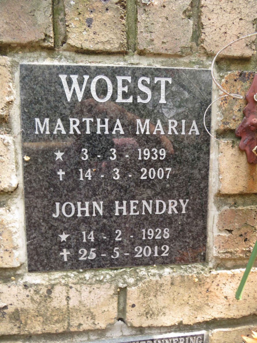 WOEST John Hendry 1928-2012 & Martha Maria 1939-2007
