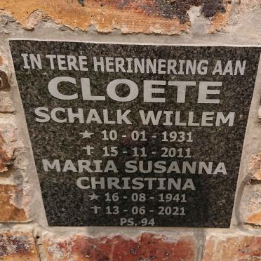 CLOETE Schalk Willem 1931-2011 & Maria Susanna Christina 1941-2021