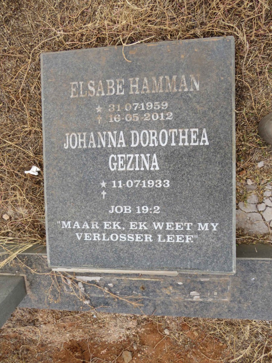 BRUYN Petrus Johannes van Zyl, de 1924-2006 & Johanna Dorothea Gezina 1933- :: HAMMAN Elsabe 1959-2012 _2