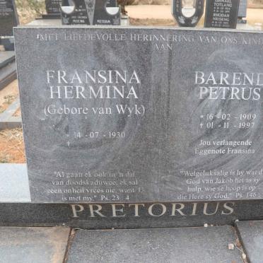 PRETORIUS Barend Petrus 1909-1997 & Fransina Hermina VAN WYK 1930-