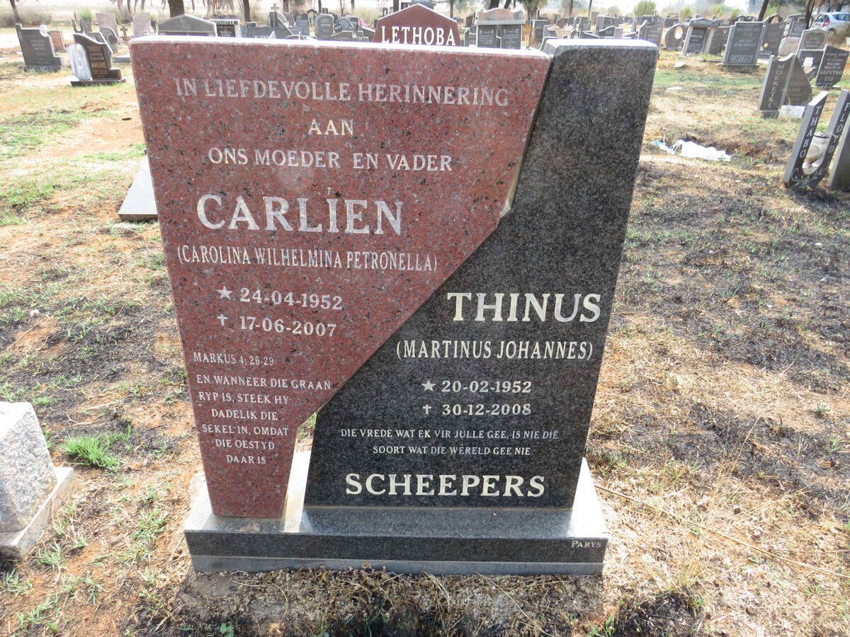 SCHEEPERS Marthinus Johannes 1952-2008 & Carolina Wilhelmina Petronella 1952-2007 