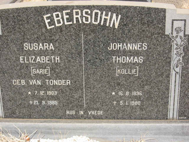 EBERSOHN Johannes Thomas 1896-1980 &amp; Susara Elizabeth VAN TONDER 1903-1985