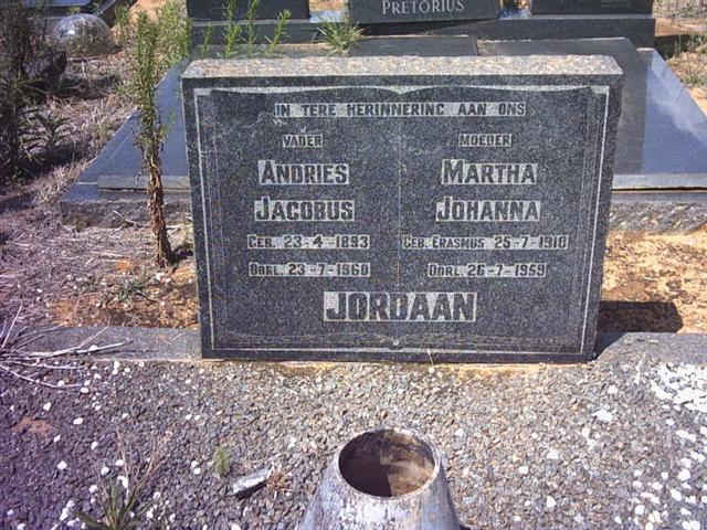 JORDAAN Andries Jacobus 1893-1960 &amp; Martha Johanna ERASMUS 1910-1959